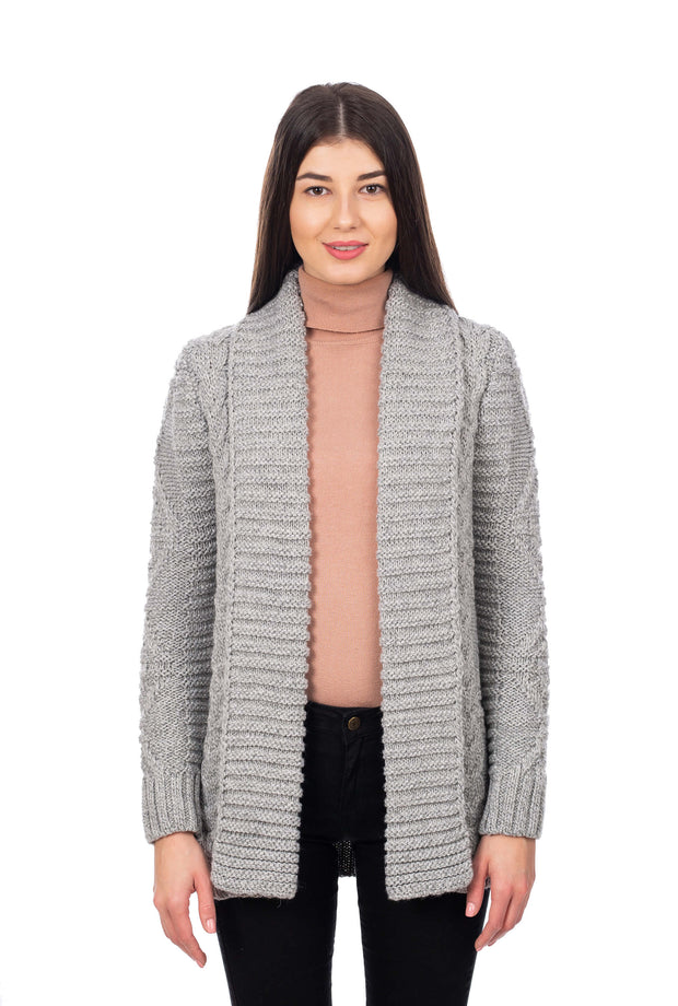 Open Front Cable Knit Aran Cardigan- Grey - Best of Ireland Gifts