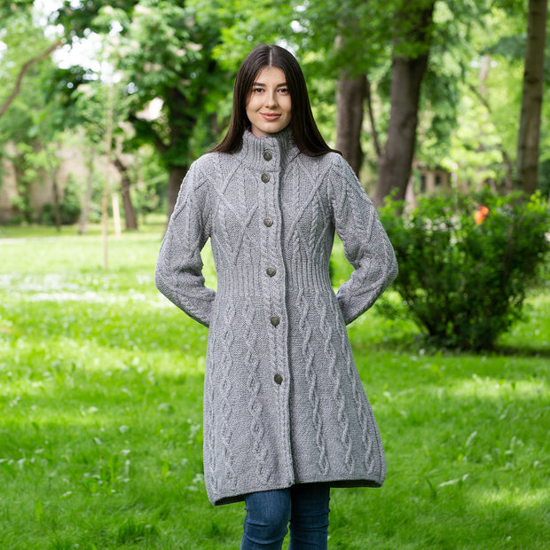 Ladies Aran Cable Knit Coat- Grey - Best of Ireland Gifts