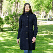 Ladies Aran Cable Knit Coat- Navy - Best of Ireland Gifts