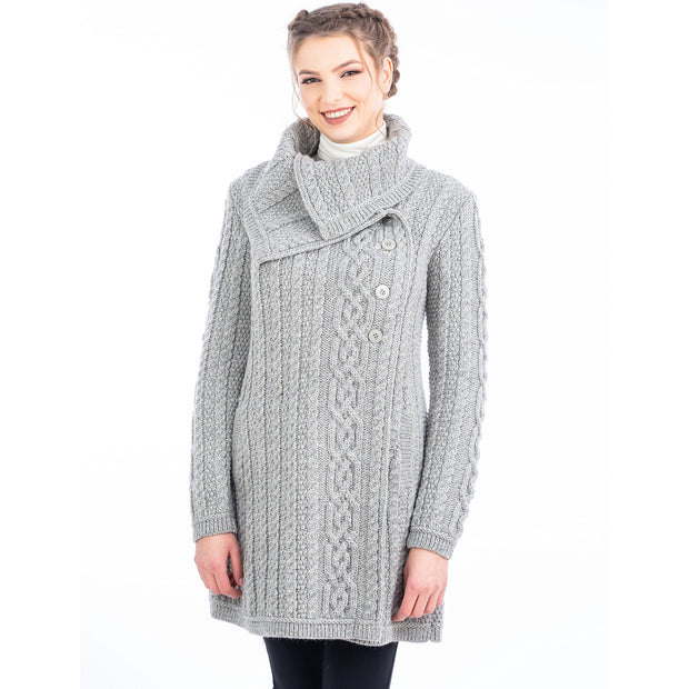 Ladies Aran Coat with 3 Buttons- Grey - Best of Ireland Gifts