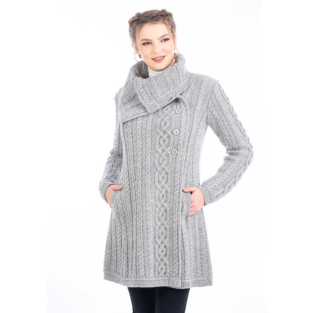 Ladies Aran Coat with 3 Buttons- Grey - Best of Ireland Gifts