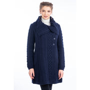 Ladies Aran Coat with 3 Buttons- Navy - Best of Ireland Gifts