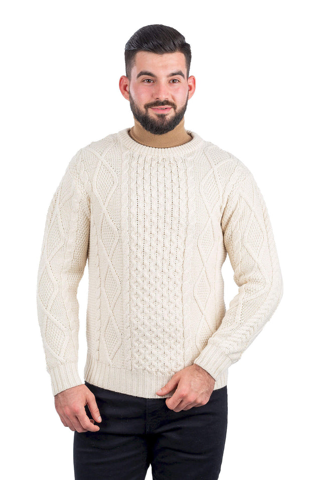 Mens Crew Neck Aran Sweater- Natural - Best of Ireland Gifts