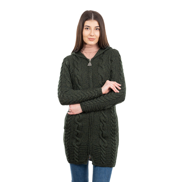 Ladies Aran Hooded Zip Coat- Green - Best of Ireland Gifts