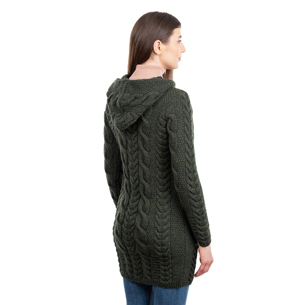 Ladies Aran Hooded Zip Coat- Green - Best of Ireland Gifts