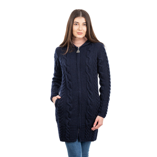 Ladies Aran Hooded Zip Coat- Navy - Best of Ireland Gifts