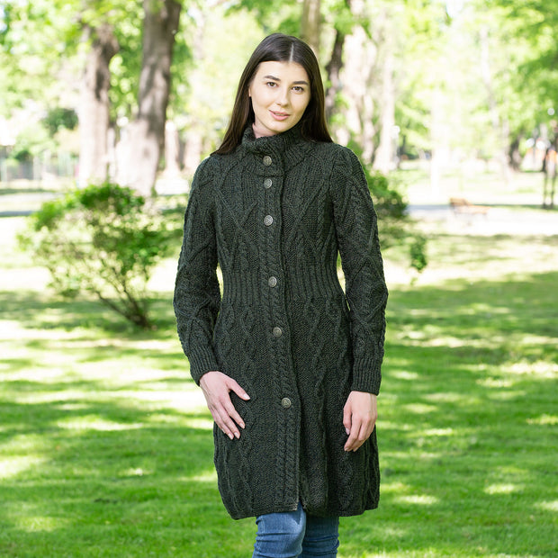 Ladies Aran Cable Knit Coat- Green - Best of Ireland Gifts