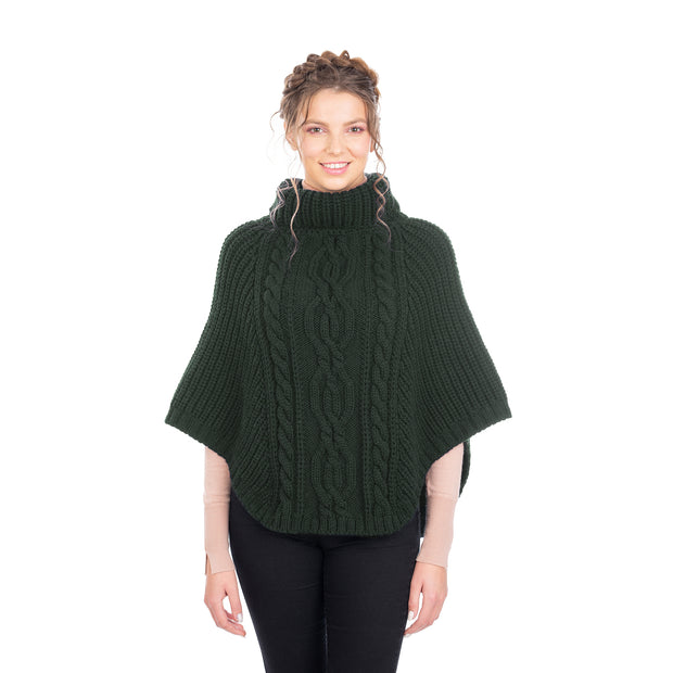 Ladies Cable Stitch Poncho- Green - Best of Ireland Gifts