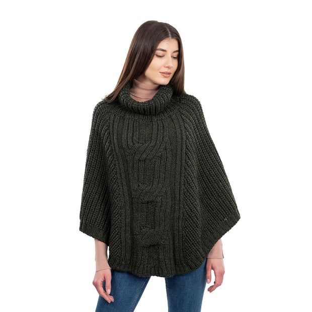 Ladies Cable Cowlneck Poncho- Green - Best of Ireland Gifts