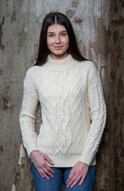 Ladies Turtleneck Cable Sweater- Natural