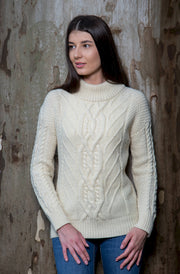 Ladies Turtleneck Cable Sweater- Natural