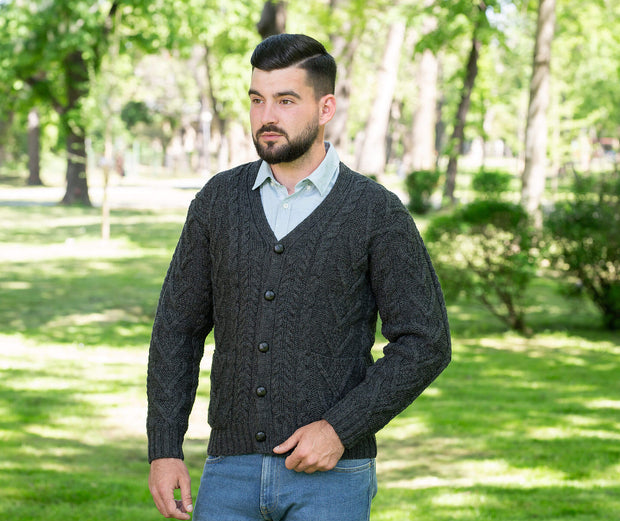 Mens Cable V Neck Cardigan- Charcoal