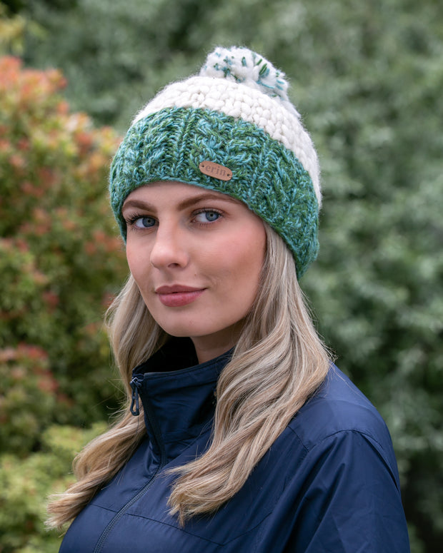 Uneven Wool Bobble Hat with Cable Band Teal