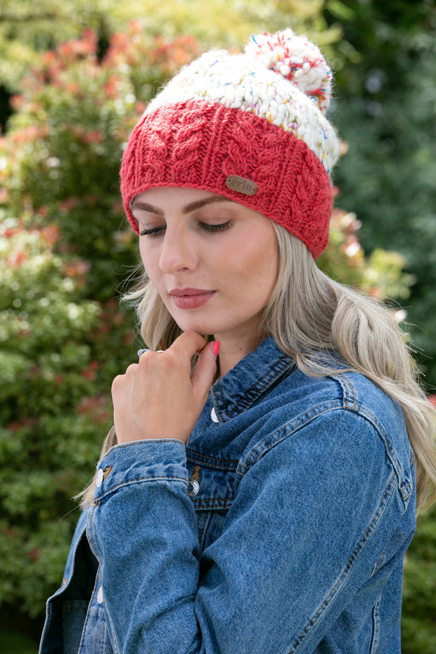 Uneven Wool Bobble Hat with Cable Band Raspberry