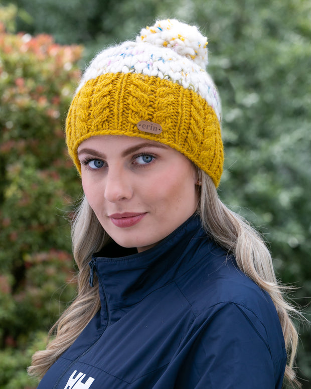 Uneven Wool Bobble Hat with Cable Band Yellow